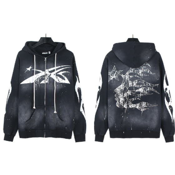 Hellstar Ink Splatter Washed Distressed Terry Cloth Hooded Sweatshirt Jacket